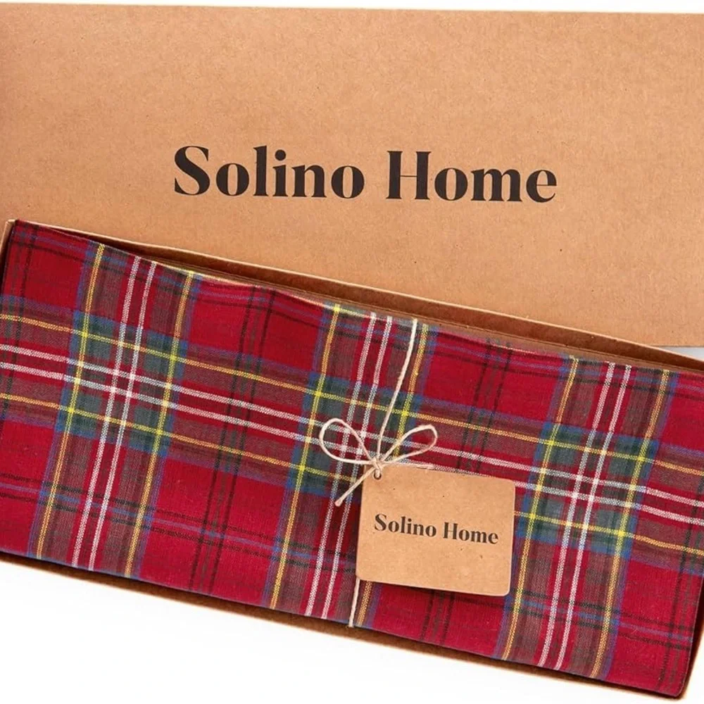 Solino Home Table Runner 72” Long – 100% Pure Linen Red Classic Tartan Plaid